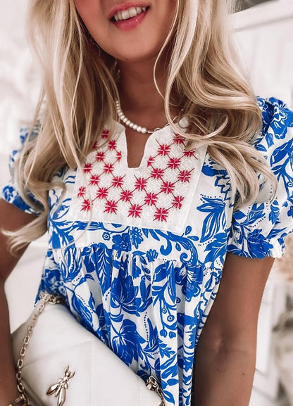 Blue Fresh Print Short Sleeve Mini Dress
