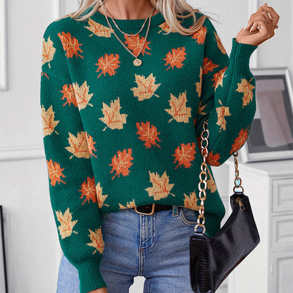 Maple Leaf Pattern Jacquard Casual Pullover Sweater for Women