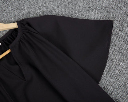 Chic Notched Neckline Short Sleeve Black Top