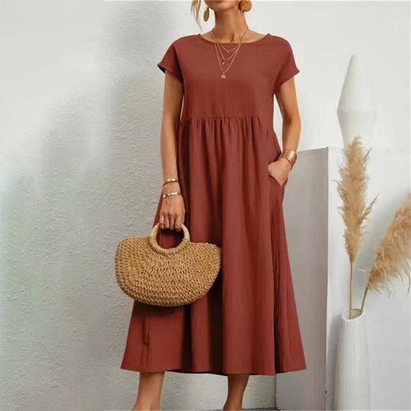 Women‘s Long Dress Solid Color Round Neck Tie Pockets
