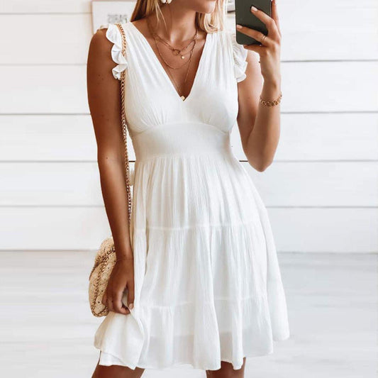 White Vintage Plain Sleeveless Mini Dress