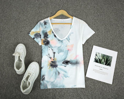 Casual V-Neck Short Sleeve Floral Top