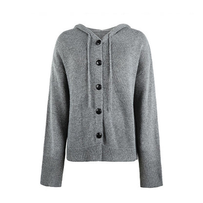 Women's Solid Color Hooded Drawstring Knit Cardigan Sweater