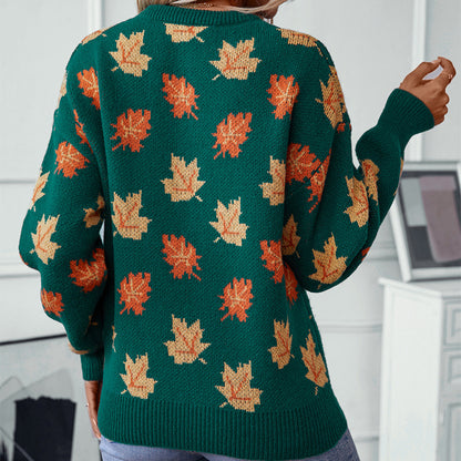 Maple Leaf Pattern Jacquard Casual Pullover Sweater for Women
