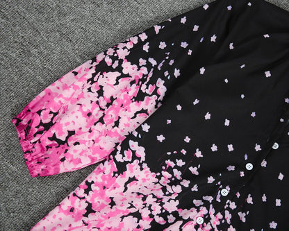 Elegant Floral Print 3/4 Sleeve Black Shirt