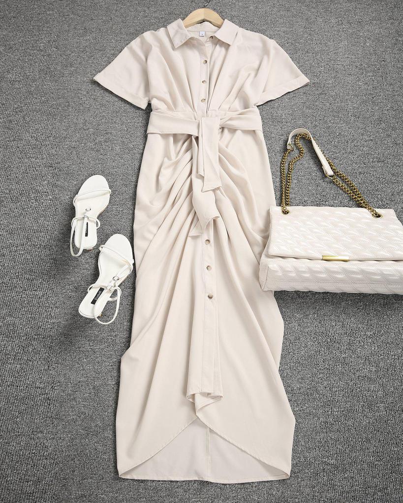 Apricot Vintage Plain Short Sleeve Midi Dress With Belt