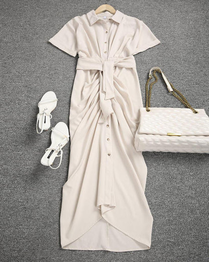 Apricot Vintage Plain Short Sleeve Midi Dress With Belt