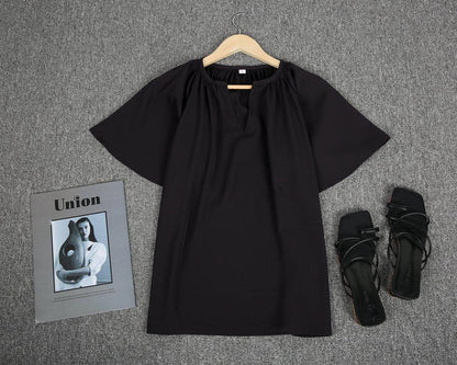Chic Notched Neckline Short Sleeve Black Top