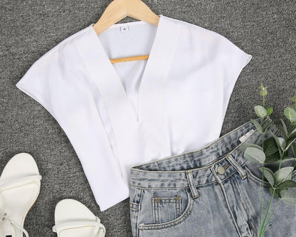 Elegant V-Neck White Plain Blouse
