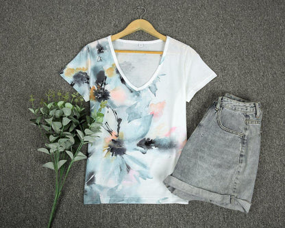 Casual V-Neck Short Sleeve Floral Top