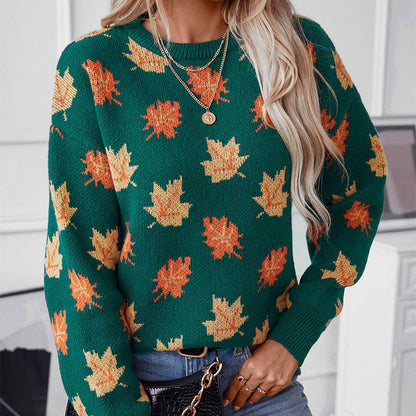 Maple Leaf Pattern Jacquard Casual Pullover Sweater for Women