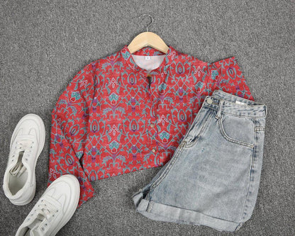 Red Attractive Print 3/4 Sleeve Top