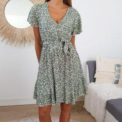 Simple Green Print Mini Dress