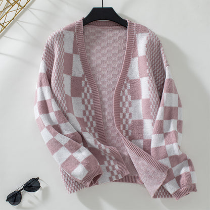 Women's Autumn/Winter New Colorblock Plaid Knit Cardigan Sweater