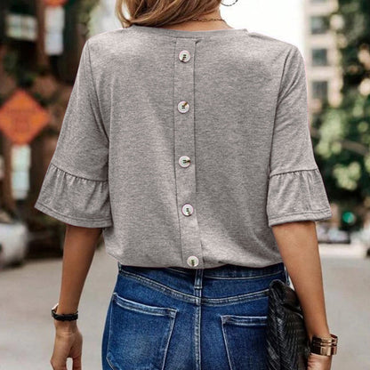 Women's Solid Color Single Breasted Fashionable Ruffle Sleeve T-Shirt