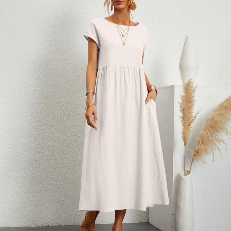 Women‘s Long Dress Solid Color Round Neck Tie Pockets