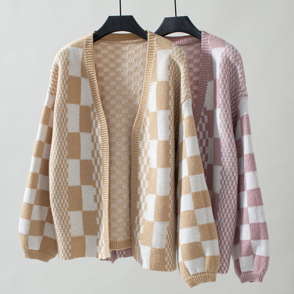 Women's Autumn/Winter New Colorblock Plaid Knit Cardigan Sweater