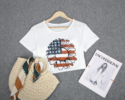 White Patriot Print Short Sleeve Top