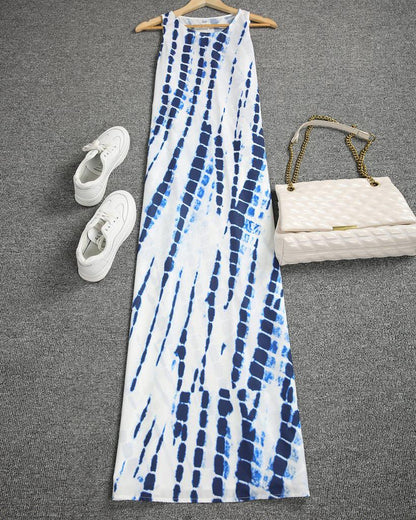 Fresh Spot Print Round Neck Sleeveless Maxi Dress