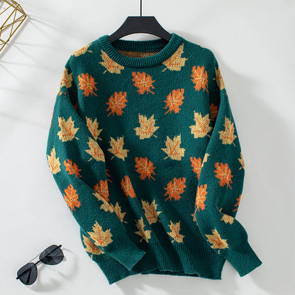 Maple Leaf Pattern Jacquard Casual Pullover Sweater for Women