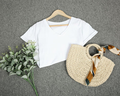 V-Neck Basic Plain Short Sleeve Top