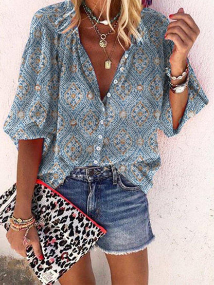 Retro Print 3/4 Sleeve Shirt