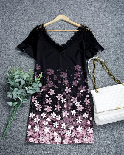 Elegant Printed Lace Short Sleeve Mini Dress