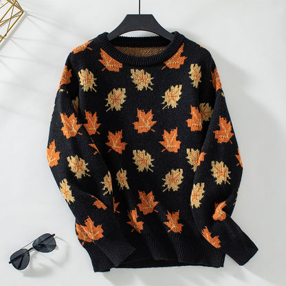 Maple Leaf Pattern Jacquard Casual Pullover Sweater for Women