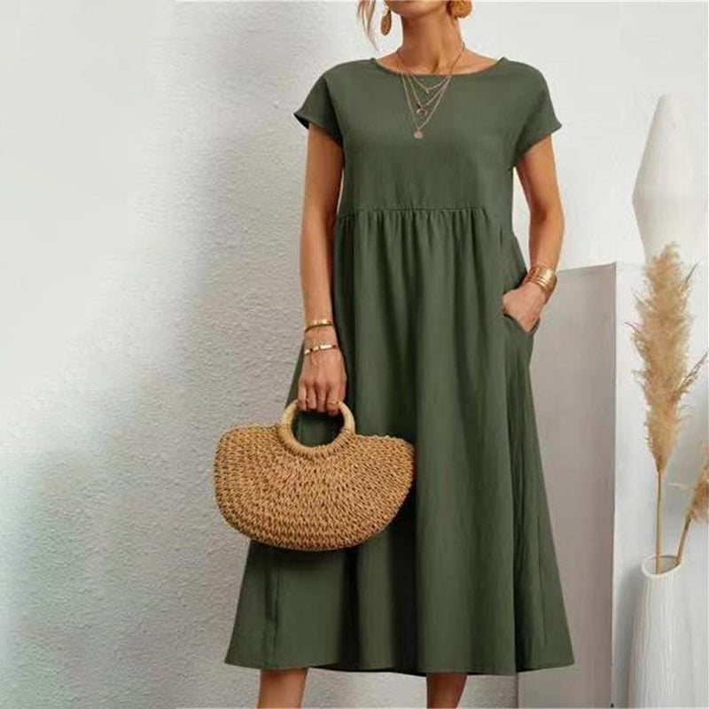 Women‘s Long Dress Solid Color Round Neck Tie Pockets