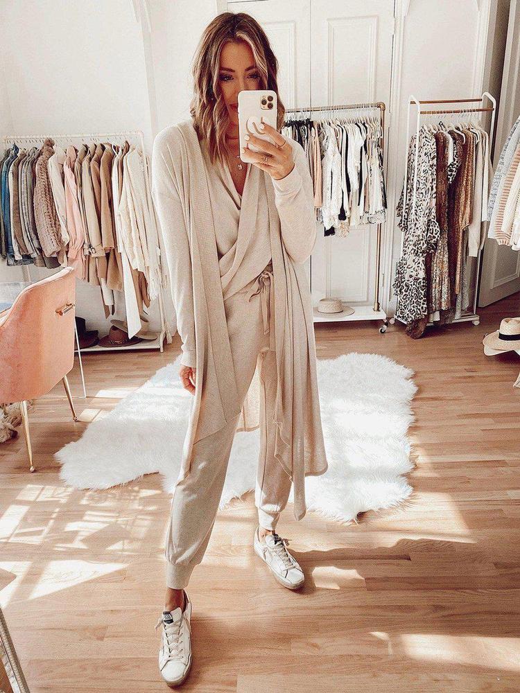 Casual Plain Crossed Long Sleeve Lounge Set